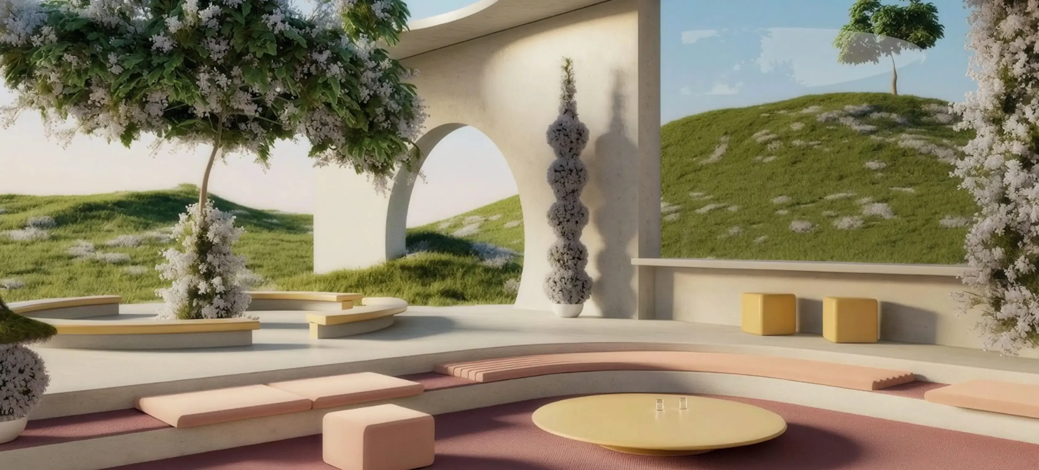 Fable Security AI Survivor Experience by nez&pez, featuring a surreal garden courtyard with flowering trees, sculptural arches, and pastel seating for an interactive Cybersecurity Awareness Month campaign.