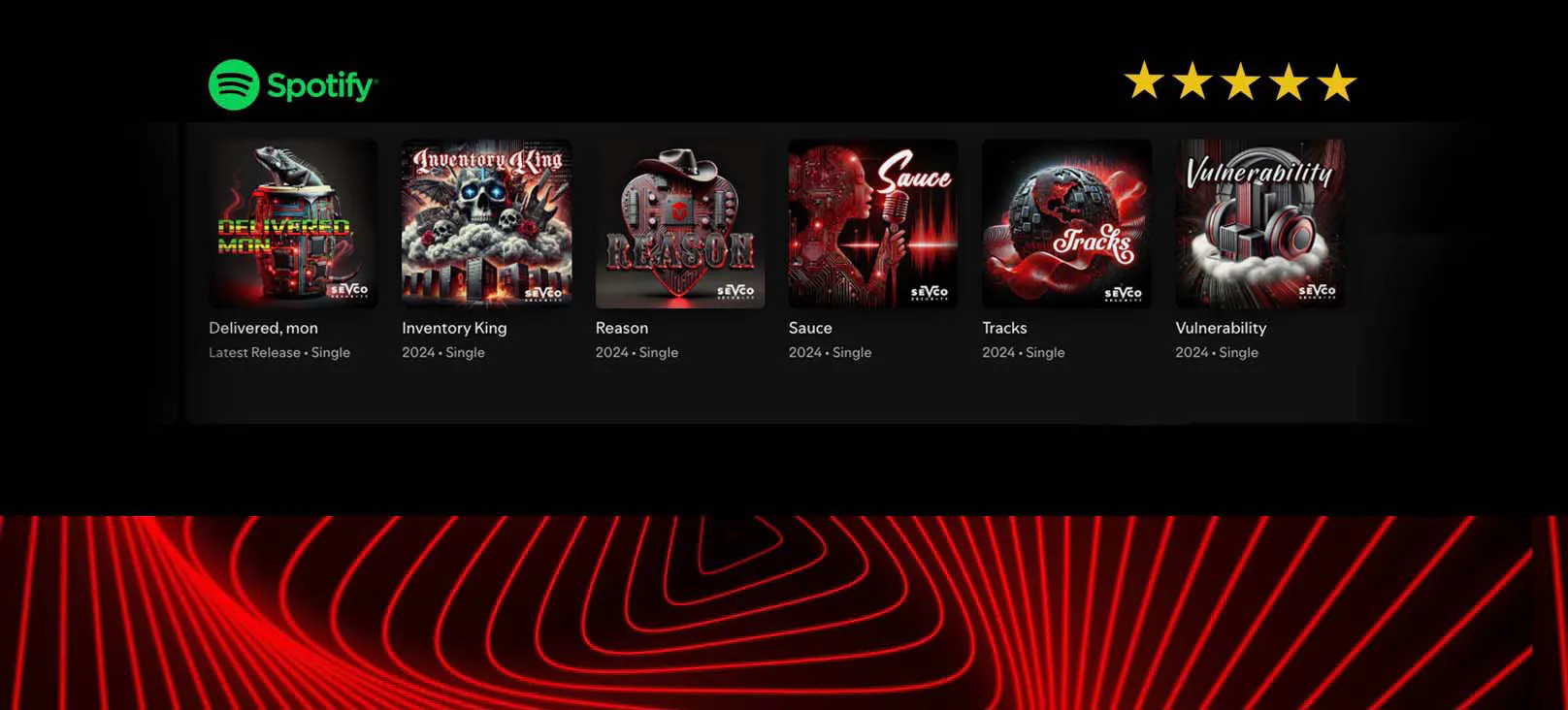Spotify-style display of six original songs and custom album covers created for Sevco Security’s Song My Review cybersecurity campaign, turning real customer reviews into music.