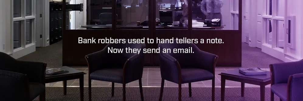 Assura’s Cybersecurity Uncompromised brand campaign featuring a bank interior and the headline “Bank robbers used to hand tellers a note. Now they send an email,” using a provocative comparison to illustrate the evolution of cybercrime.