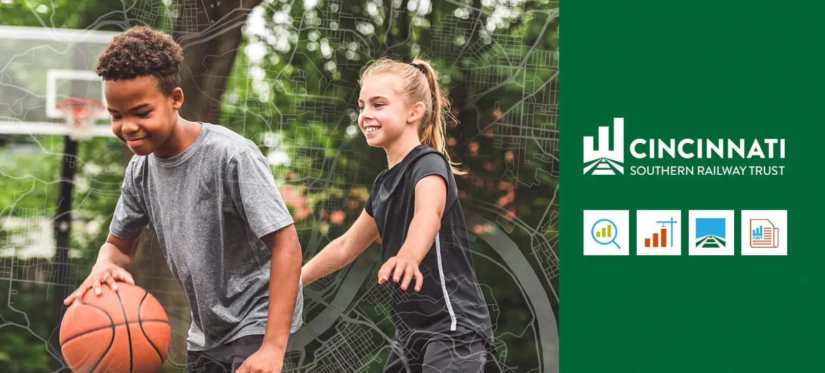 Cincinnati Southern Railway Trust rebrand by nez&pez, combining children playing basketball, Cincinnati map graphics, and a new visual identity to communicate civic progress and public infrastructure investment.