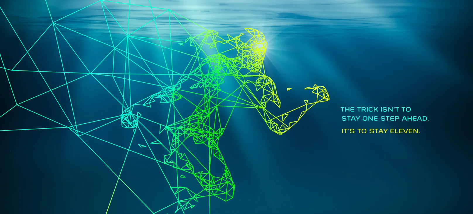 Vertex11 cybersecurity brand identity artwork featuring a neon green wireframe figure in motion against a blue digital network, with the headline “The trick isn’t to stay one step ahead. It’s to stay eleven.”