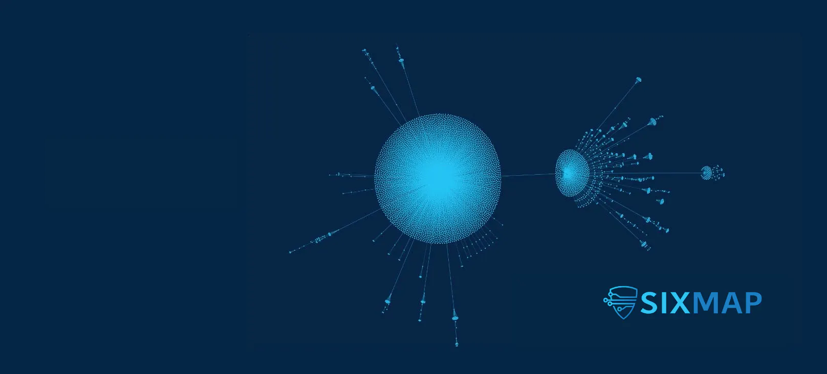 SixMap cybersecurity brand refresh by nez&pez, featuring an interconnected blue network visualization and new identity reflecting its external exposure mapping technology, precision, and challenger positioning.